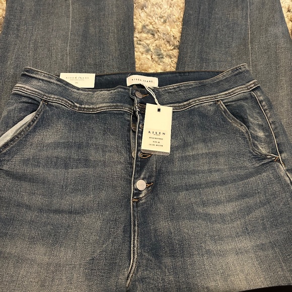 RISEN Mid Rise Button Fly Start Print Flare Jeans
